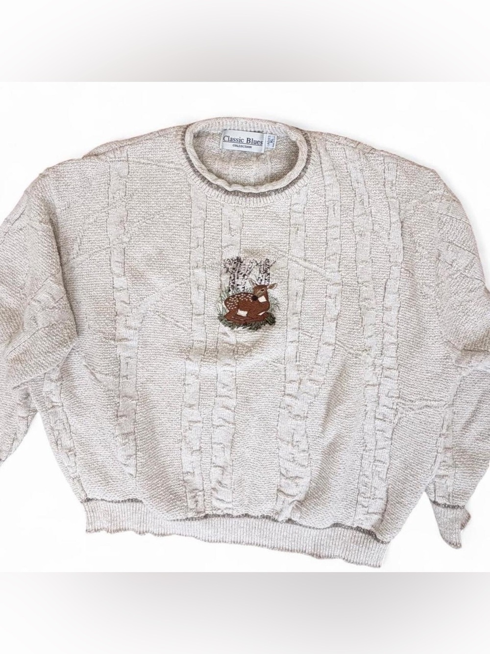 Women's Cream Cable Crewneck Sweater with Deer Embroidery
